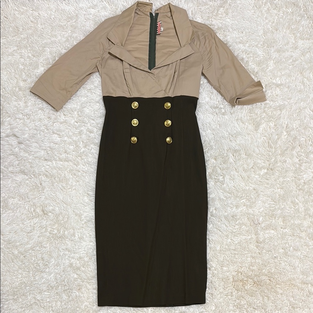Pinup Couture Tan and Brown Sheath Dress with Cowl Neck